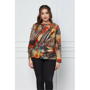 Bluza Jessie bej cu animal print si imprimeu caramiziu