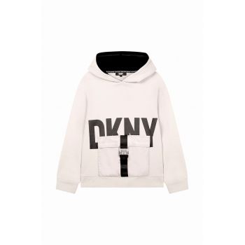 Dkny bluza copii culoarea bej, cu glugă, cu imprimeu