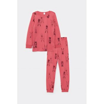 Pijama de bumbac cu imprimu cu iepurasi