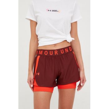 Under Armour pantaloni scurți de antrenament femei, culoarea bordo, cu imprimeu, high waist 1351981-662 ieftini