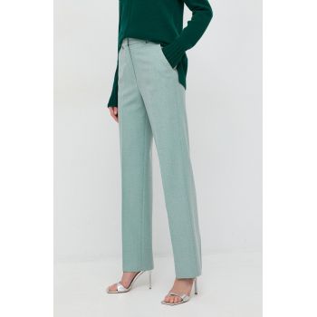 Beatrice B pantaloni de lana femei, culoarea turcoaz, drept, high waist