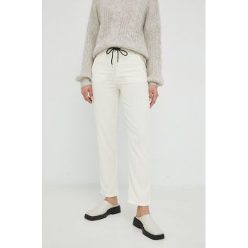 Drykorn pantaloni de catifea cord For femei, culoarea bej, drept, high waist