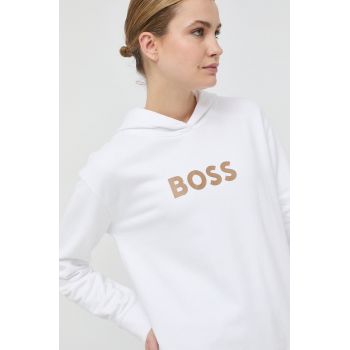 BOSS hanorac de bumbac femei, culoarea alb, cu glugă, imprimeu 50468367 de firma original