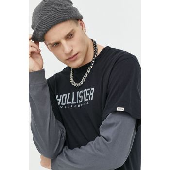 Hollister Co. longsleeve din bumbac culoarea negru, cu imprimeu