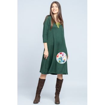 Rochie A line midi, din jerseu moale cu aplicatie flori, verde inchis