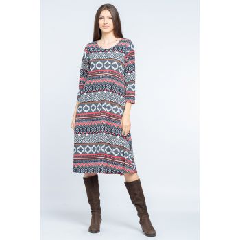 Rochie A line midi, imprimeu geometric bleumarin-rosu