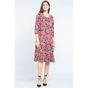 Rochie A line midi, imprimeu vegetal predominant rosu