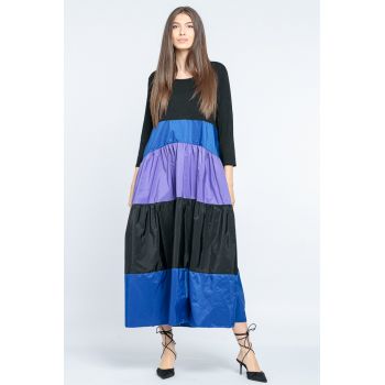 Rochie lunga cu volane din tafta negru-albastru-mov