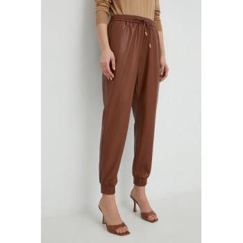 BOSS pantaloni femei, culoarea maro, high waist