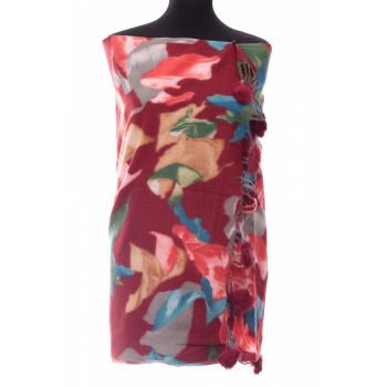 Esarfa din casmir cu ciucuri din blanita naturala, multicolor pe fond bordo