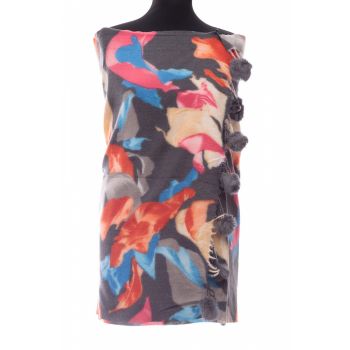 Esarfa din casmir cu ciucuri din blanita naturala, multicolor pe fond gri