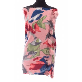Esarfa din casmir cu ciucuri din blanita naturala, multicolor pe fond roz
