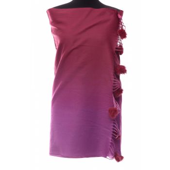 Esarfa din casmir cu fata dubla si ciucuri din blanita naturala, degrade bordo - fucsia