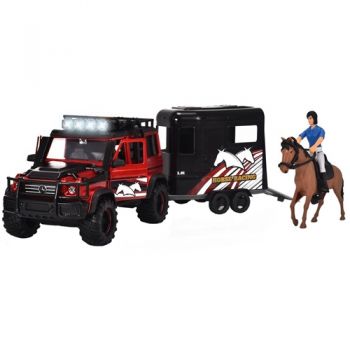 Set Horse Trailer Dickie Toys Masina Mercedes-Benz AMG 500 cu Remorca si Figurine