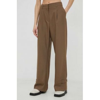 Herskind pantaloni din lana Logan femei, culoarea maro, lat, high waist
