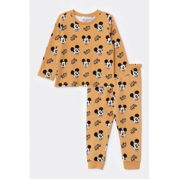 Pijama din bumbac cu maneci lungi si imprimeu cu Mickey Mouse