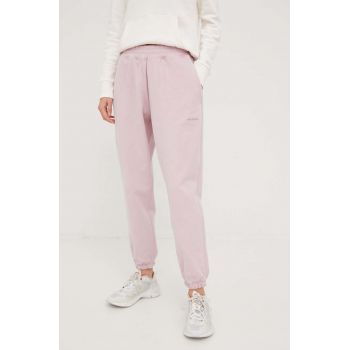 New Balance pantaloni de trening din bumbac femei, culoarea roz, neted ieftin