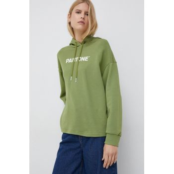 United Colors of Benetton hanorac de bumbac X Pantone femei, culoarea verde, cu glugă, cu imprimeu