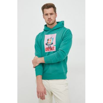 United Colors of Benetton bluza barbati, culoarea verde, cu glugă, cu imprimeu