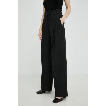 By Malene Birger pantaloni din lana femei, culoarea negru, lat, high waist