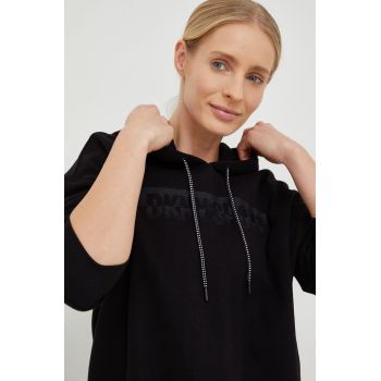 Dkny bluza femei, culoarea negru, cu glugă, cu imprimeu