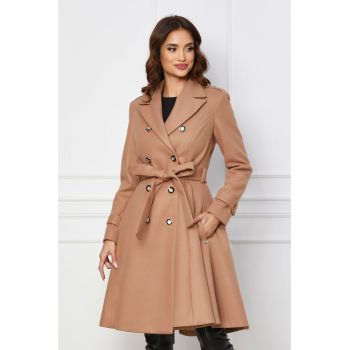 Palton Dy Fashion bej accesorizat cu nasturi si cordon in talie