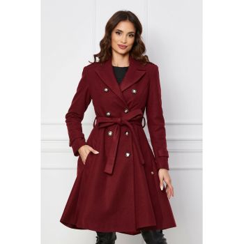 Palton Dy Fashion bordo accesorizat cu nasturi si cordon in talie