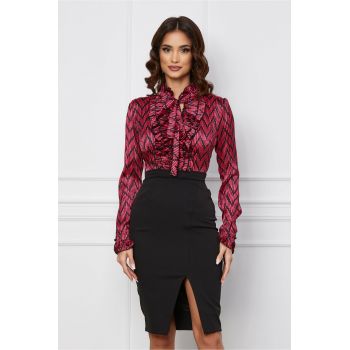 Rochie MBG neagra cu imprimeu fucsia si volane la bust
