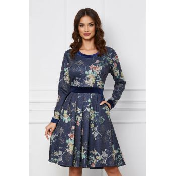 Rochie Melinda bleumarin cu imprimeu floral si insertii catifelate