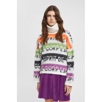 Pulover din amestec de lana cu guler inalt si model text