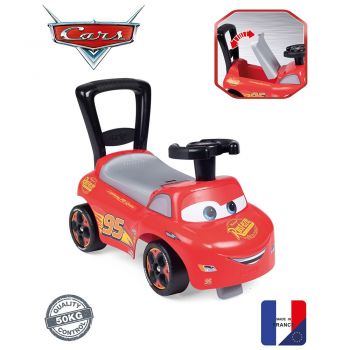 Masinuta copii fara pedale Smoby Cars recomandata copiilor de la 10 luni, spatar cu functia de impingere, roti din plastic spumat, spatiu de depozitare jucarii