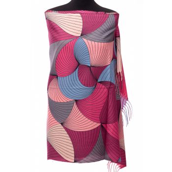 Esarfa din casmir cu jocuri de linii multicolore predominant mov zmeura