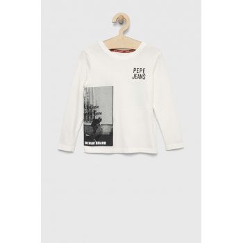 Pepe Jeans longsleeve din bumbac pentru copii Renato culoarea bej, cu imprimeu