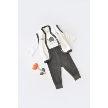 Set 3 piese Broscuta cu body, pantalonasi si vestuta din 80%bumbac organic si 20% poliester - Antracit, BabyCosy