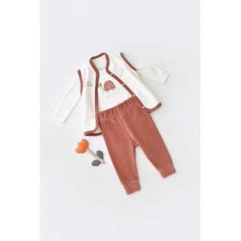 Set 3 piese Broscuta cu body, pantalonasi si vestuta din 80%bumbac organic si 20% poliester - Caramiziu, BabyCosy la reducere