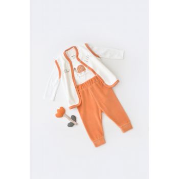 Set 3 piese Broscuta cu body, pantalonasi si vestuta din 80%bumbac organic si 20% poliester - Portocaliu, BabyCosy