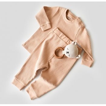 Set bluzita cu maneca lunga si pantaloni lungi din bumbac organic si 5% elastan - Bej inchis BabyCosy de firma original