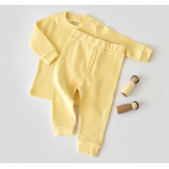 Set bluzita cu maneca lunga si pantaloni lungi din bumbac organic si 5% elastan - Galben BabyCosy