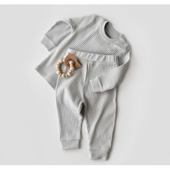 Set bluzita cu maneca lunga si pantaloni lungi din bumbac organic si 5% elastan - Gri BabyCosy