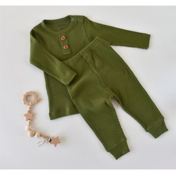 Set bluzita cu maneca lunga si pantaloni lungi din bumbac organic si modal - Verde BabyCosy ieftin