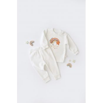 Set Curcubeu cu bluzita cu maneca lunga si pantaloni lungi din 80%bumbac organic si 20% poliester - Ecru, BabyCosy la reducere