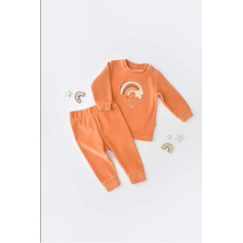 Set Curcubeu cu bluzita cu maneca lunga si pantaloni lungi din 80%bumbac organic si 20% poliester - Portocaliu, BabyCosy