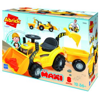 Tractoras copii fara pedale Ecoiffier 7850 Backhoe Ride on Maxi Abrick cu remorca, excavator si incarcator, include cuburi maxi, recomandat copiilor de la 1 la 3 ani