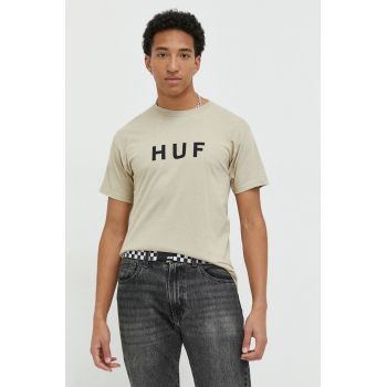 HUF tricou din bumbac culoarea bej, cu imprimeu de firma original