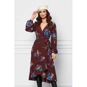 Rochie Dy Fashion petrecuta bordo cu imprimeuri floral si volan la baza