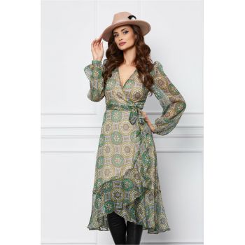 Rochie Dy Fashion petrecuta lila cu imprimeuri verde si volan la baza