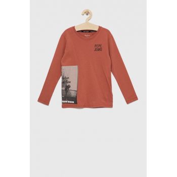 Pepe Jeans longsleeve din bumbac pentru copii Renato culoarea portocaliu, cu imprimeu