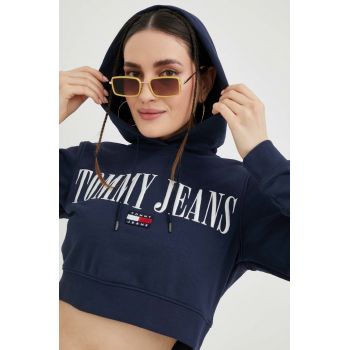 Tommy Jeans bluza femei, culoarea albastru marin, cu glugă, cu imprimeu de firma original