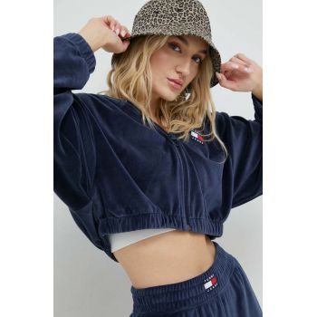 Tommy Jeans bluza femei, culoarea albastru marin, cu glugă, cu imprimeu