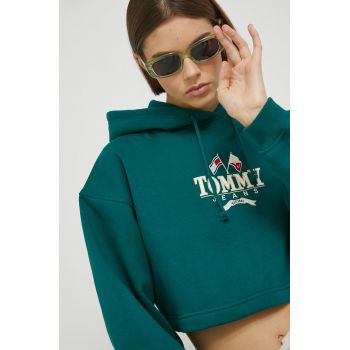 Tommy Jeans bluza femei, culoarea verde, cu glugă, cu imprimeu de firma original